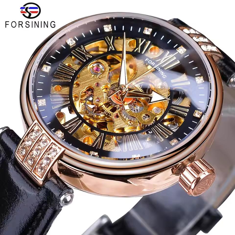 Für Forsining Damen Luxus Gold Skelett Armbanduhr Leuchtende Funktion 18mm Bandbreite Ovales Gehäuse Zeiger für Leder Kleid Mädchen
