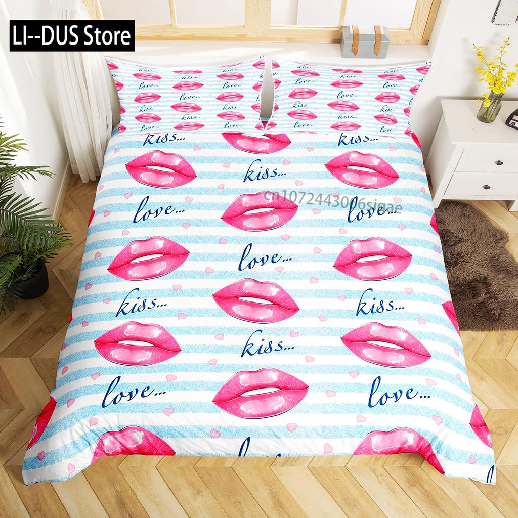 Girls Kiss Duvet Cover Red Lips Bedding Set For Kids Women Home Decor Comforter Cover Twin Full Queen King Size With Pillowcase