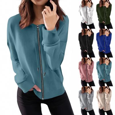 Damen Langarm Zip Sweatshirt Lässig Uni Kapuzensweatshirt mit Taschen
