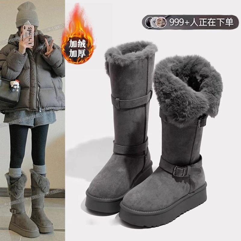 Tall Tube Gray Snow Boots Women's Winter New Thick-soled Piled Thickened Medium and Long Tube Snow Cotton Boots Cotton Shoes