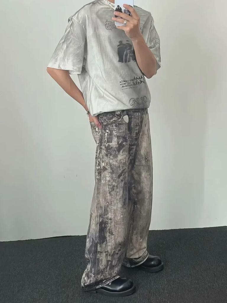 Unisex Hüftjeans mit weitem Bein, 3D-Camouflage und Tintenklecks-Print
