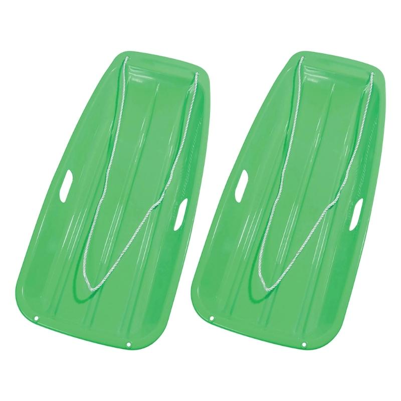 2Pcs Light Weight Portable Snow Sled with Pull Rope and Handles Plastic Cold Resistant Toboggan for Snow, Beach, Park