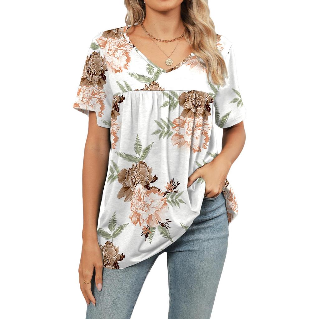 Women Boho Floral Leaf Geometric Print V Neck Tunic Top, Short Sleeve Front Pleated Flowy Hem Loose Fit Casual Daily Blouse