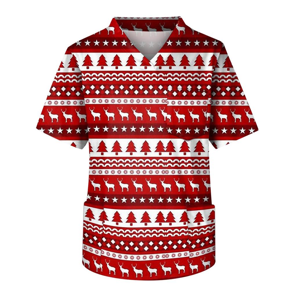 Heren Korte Mouw V-Hals Kerstprint Borstzak Zorgtop