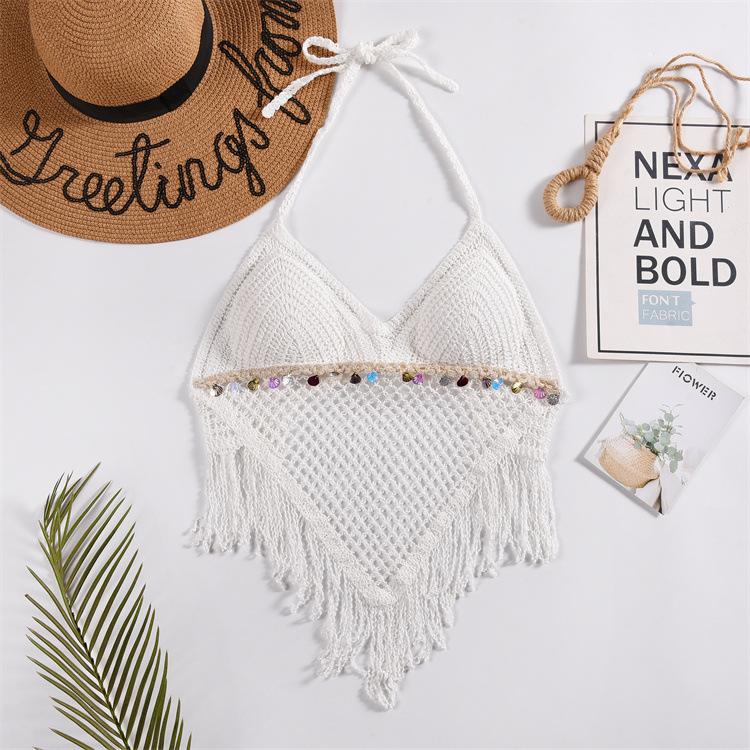 Lace-up Neck Small Vest, Sling Women's Summer Short Style with Chest Pad Inside, Backless Hollow Tube Top Embroidered Vest