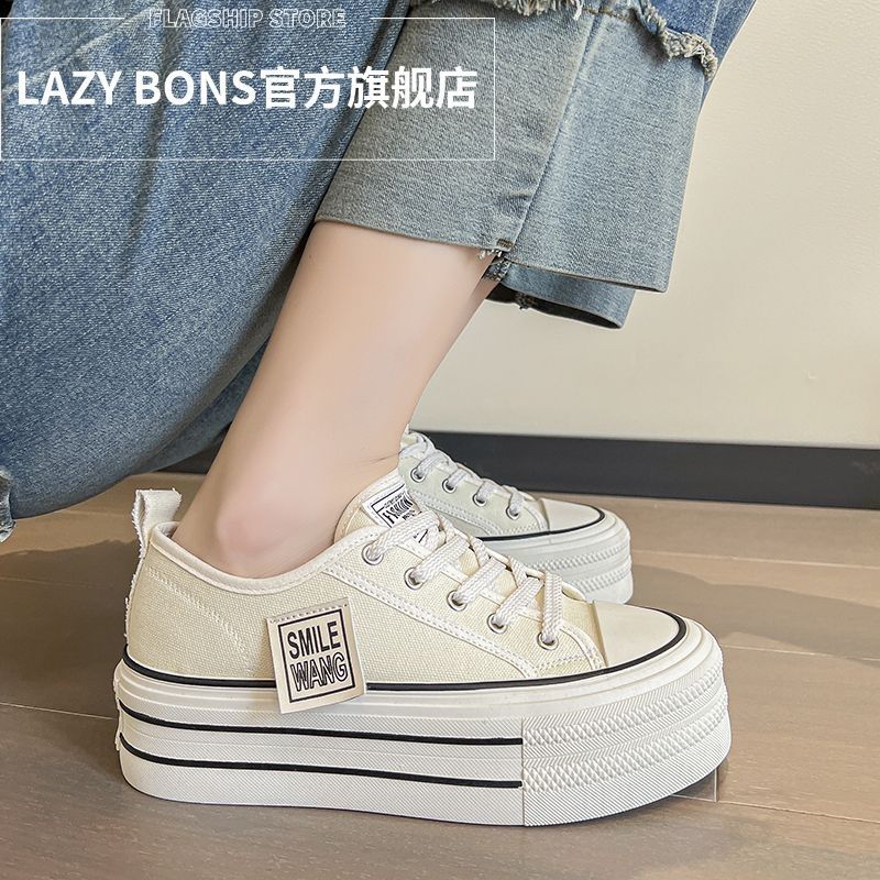 

Платформенные парусиновые туфли женские 2025 весна и лето новая корейская версия для маленького человека увеличение роста шнуровка низкий верх кеды популярные белые туфли 35