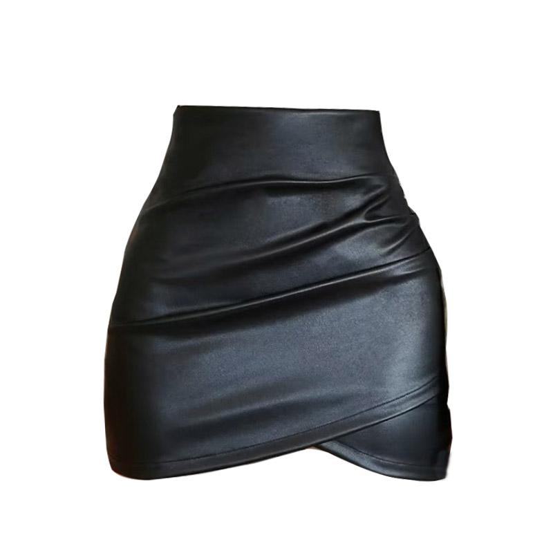 Kožené záhyby Ruched Minisukně Asymetrická Lrrgular Pu Faux Sukně do A s vysokým pasem Streetwear Tenké korejské módní oblečení