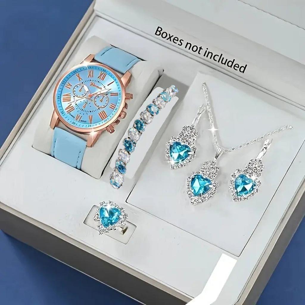 5 Stück/Set - Modische Damenuhr mit schlichtem römischem Zifferblatt Quarzuhr Damenuhr mit Lederarmband Schmuckset (kein Kasten)