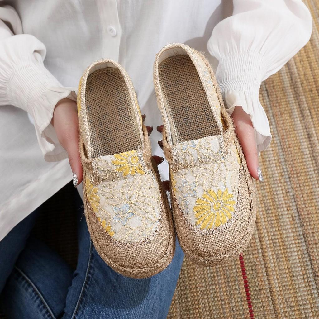 Damskie etniczne lniane buty codzienne - lekkie, antypoślizgowe, oddychające, z miękką podeszwą na wiosnę i jesień