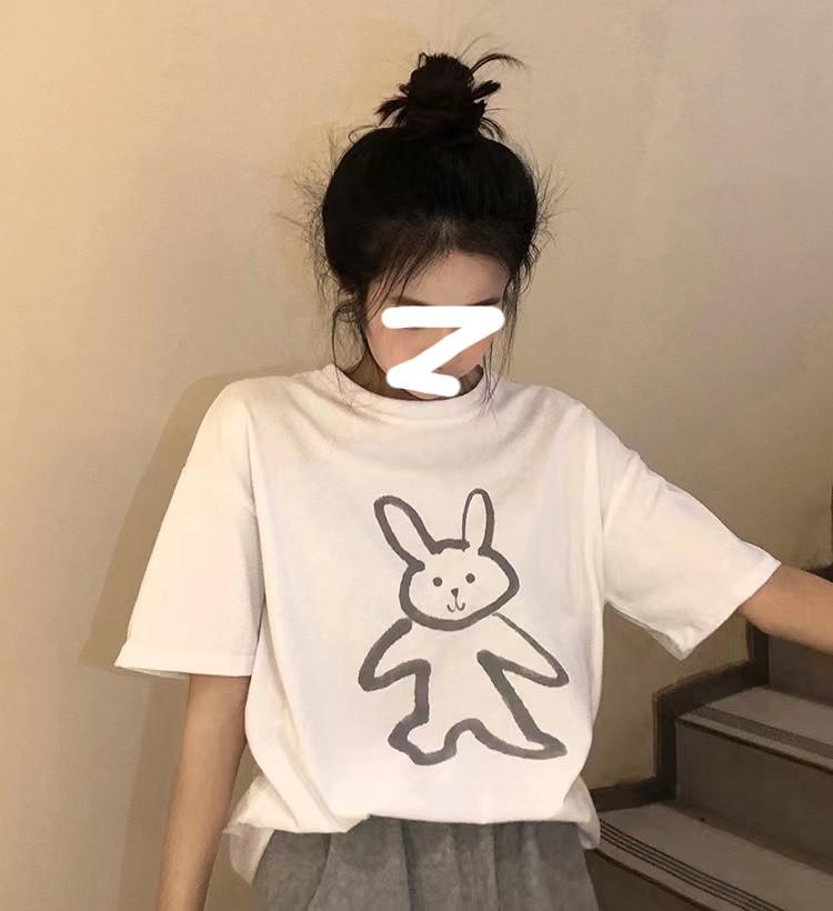

Черная футболка с коротким рукавом с кроликом, женская, дизайнерская, граффити, нишевая, летняя, свободная, оверсайз, повседневный шик, топ M белый