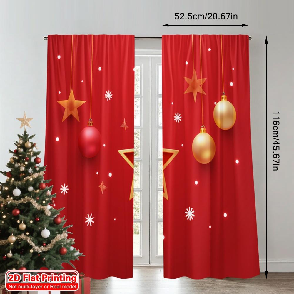 2pcs 2D Flat Printing Merry Christmas Window Curtains Christmas Red Star Snowflakes 100% Polyester Fabric Without Electricity