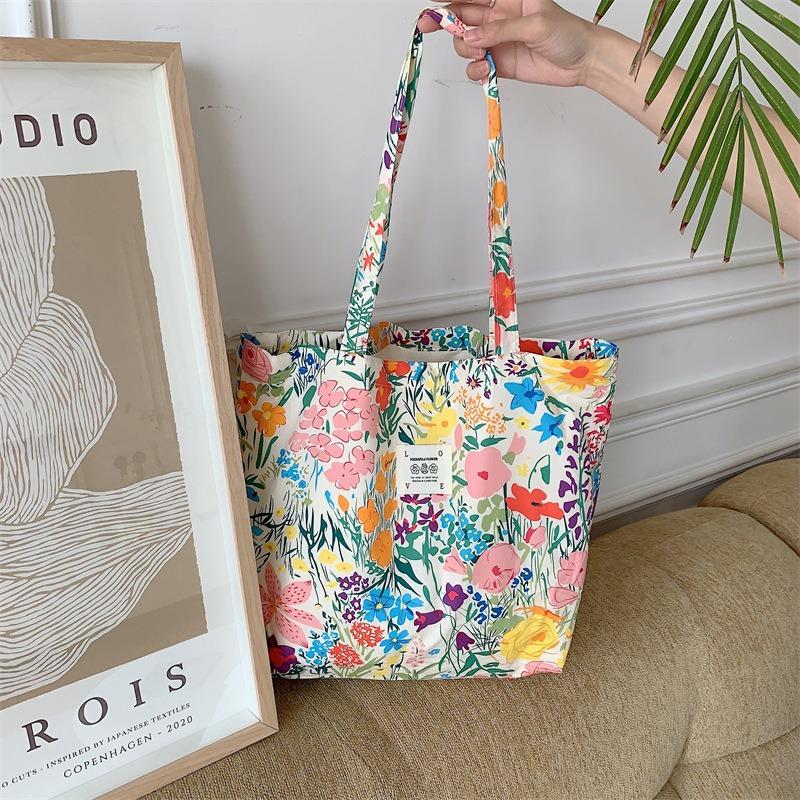 New tote bag large capacity foreign style floral canvas shoulder bag portable girl student shopping bag