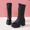 Elegant Heeled Lace-up Fleece-Lined Autumn Winter Half High Boots for Women Black Leather 2025 New Goth Y2k Mid Calf Shoes Woman