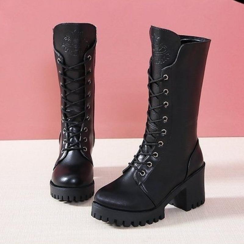 Elegant Heeled Lace-up Fleece-Lined Autumn Winter Half High Boots for Women Black Leather 2025 New Goth Y2k Mid Calf Shoes Woman