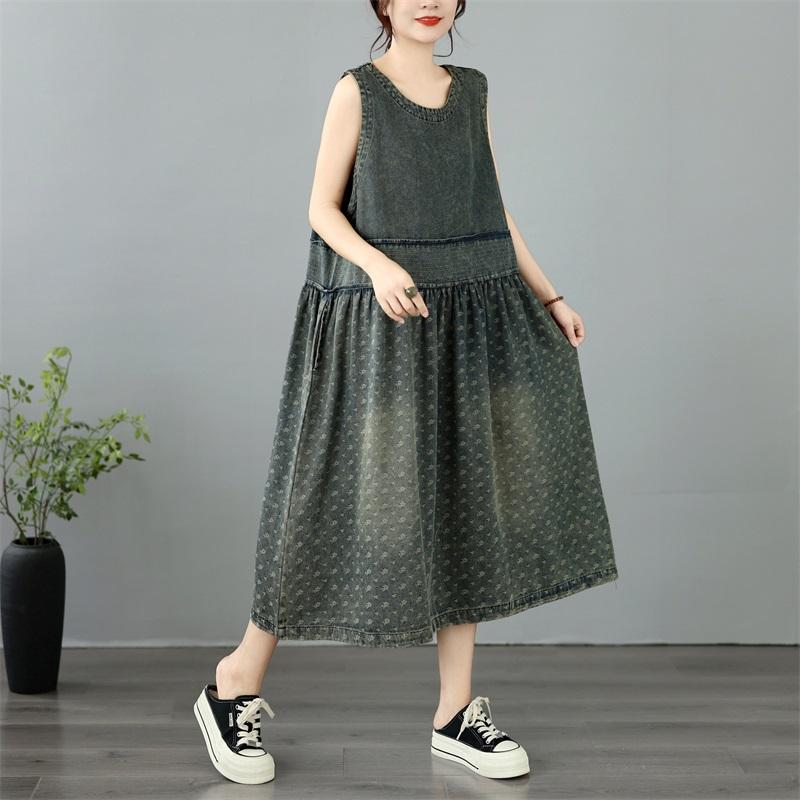 Sleeveless Plus Size Vintage Floral New In Dresses for Women Casual Loose Long Summer Denim Dress