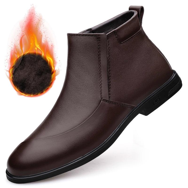 Autumn and winter men's shoes round head casual shoes business leather shoes men's first layer cowhide foot cover winter velvet snow boots men