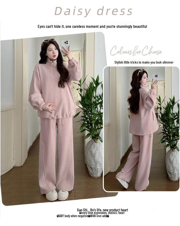 In-Stock Winter Maternity Wear: Thickened, Loose, Double-Sided Coral Fleece Set - 2025 Korean Style Casual Maternity Outfit