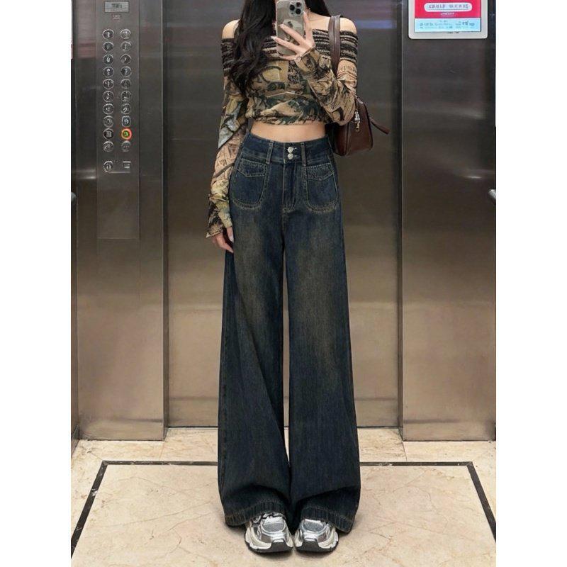 Velvet Thickened Wide-Leg Jeans for Women - 2026 Autumn/Winter Retro High-Waisted Straight Leg Pants