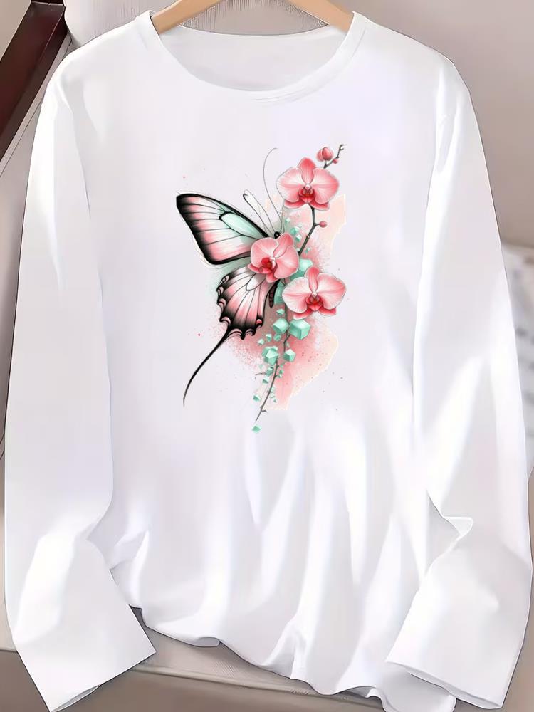 (Asian Size) butterfly style Long Sleeve T-shirts Casual Clothing Women o-neck Print T Shirt autumn winter spring Fashion Top Graphic Tee