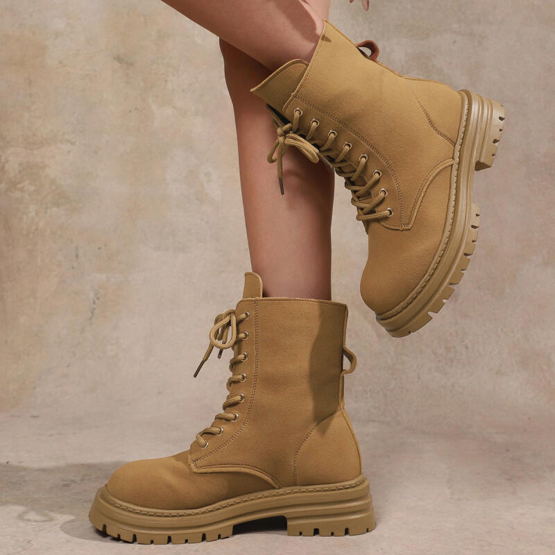 Fashion Casual Thick Bottom Khaki Ankle Boots 2025 Winter Lace Up Women's Combat Boots with Platform Non Slip Hiking Shoes for Women