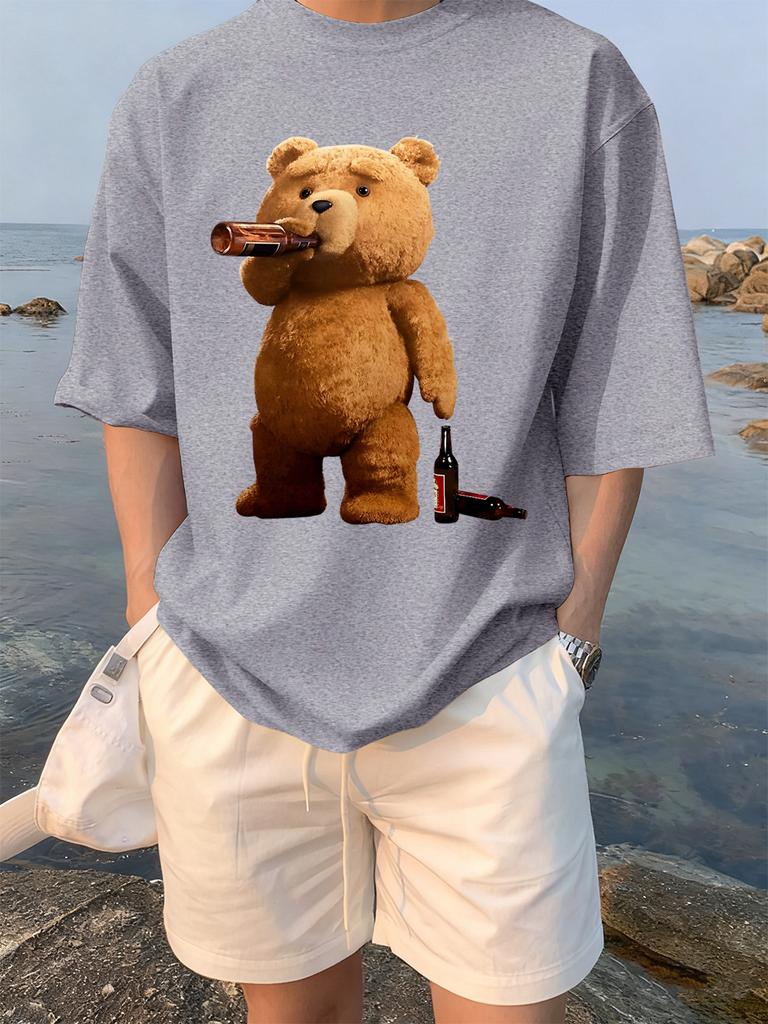 The Melancholic Bear Drinking Printing TShirt Women Cotton Summer T Shirt Comfortable Loose ONeck Tops Street Woman Clothes