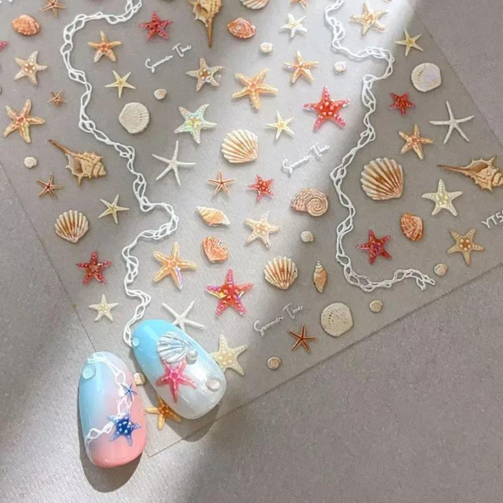 Colorful Shell Luster Starfish Scrapbook Journal Stickers 3D Embossed Cute Sea Star Decals for DIY Self-Adhesive Manicure Charms