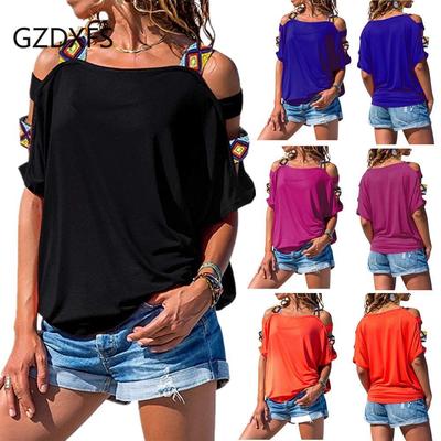 GZFS ~ Women's Solid Color Hollow Short Sleeve Off-the-Shoulder T-Shirt Top