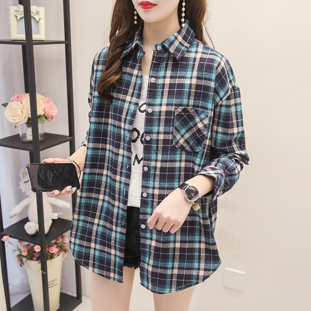 Women's Spring Autumn Large Size Long Sleeve Shirts Female Vintage Loose Plaid Coats Turn Down Collar Button Tops Blouses