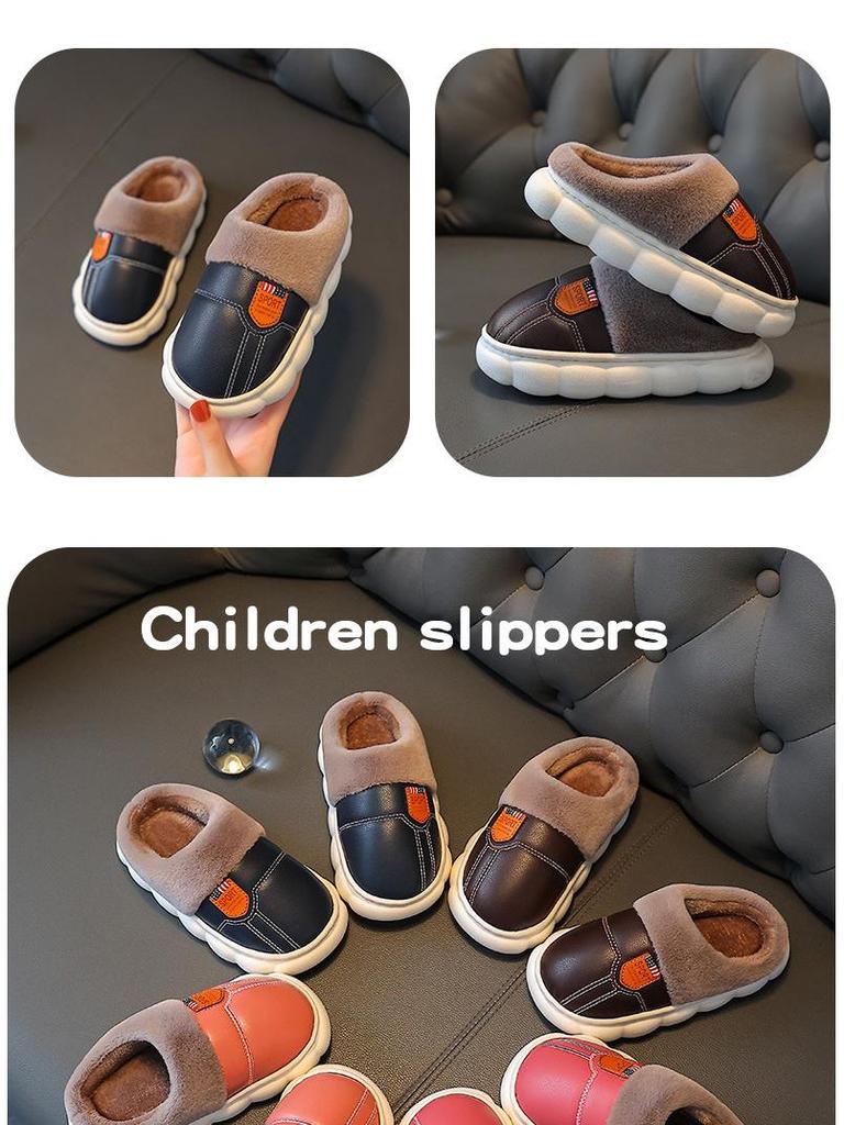 Children's Non-Slip Waterproof Slippers - Soft Cotton, PU Leather, Velvet-Lined for Parents & Kids, Winter Warm