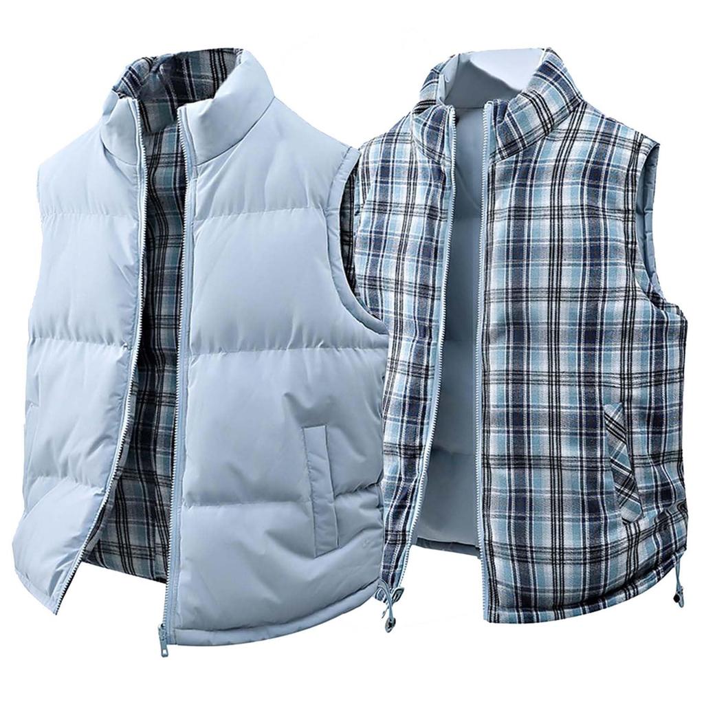 Men's And Women's -color Casual Double-sided Stand-up Collar Vest, Men's Loose Checkered Printed Warm Vest