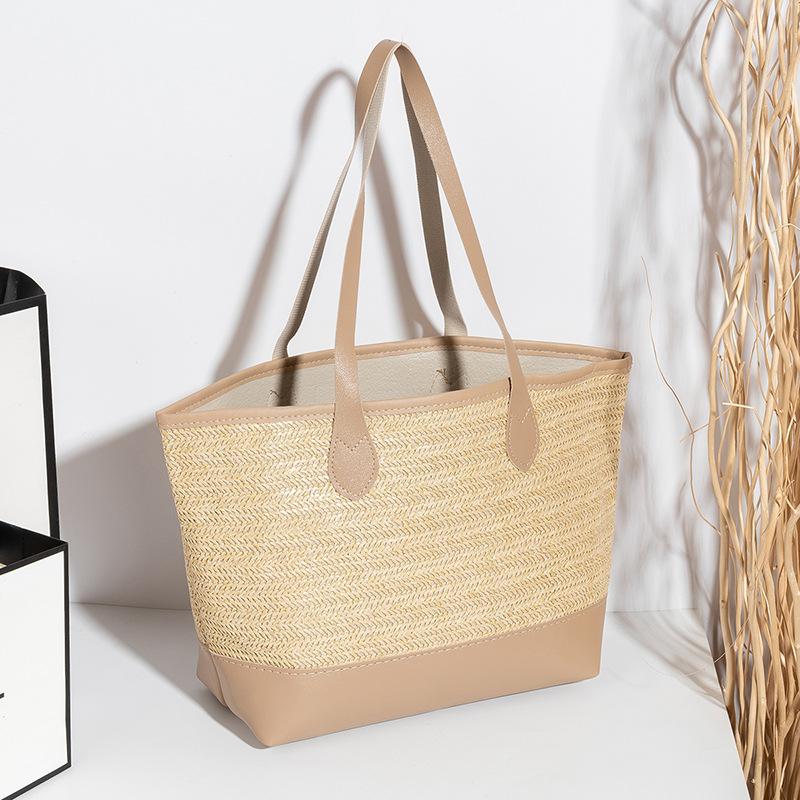Casual and fashionable straw-woven contrasting color splicing tote women's bag, a new large-capacity light luxury women's bag.