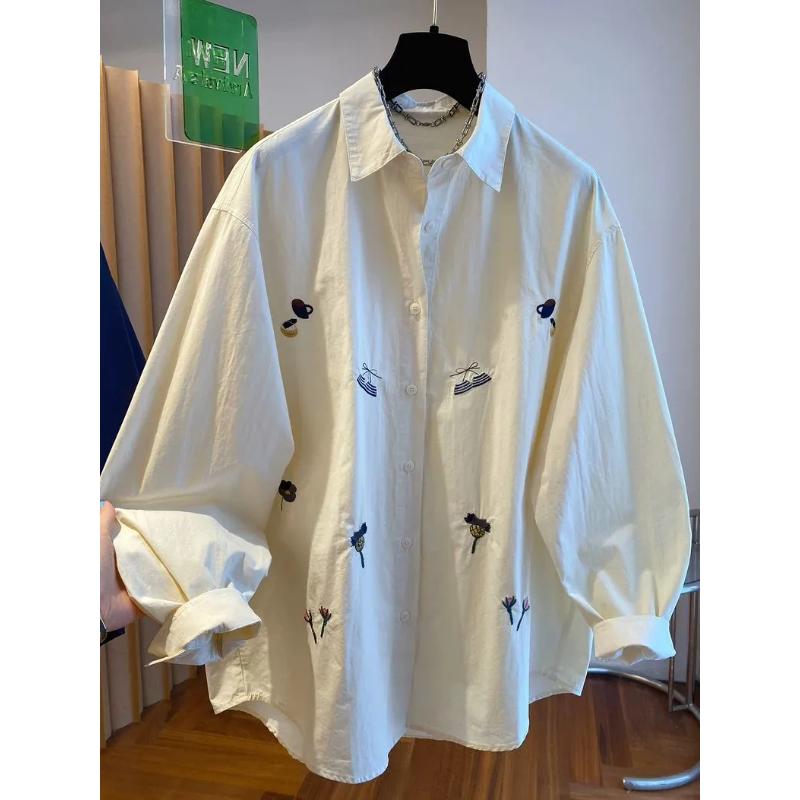 

Men s Spring Summer Embroidery Print Button Down Long Sleeve Shirt Casual Top L бежевый