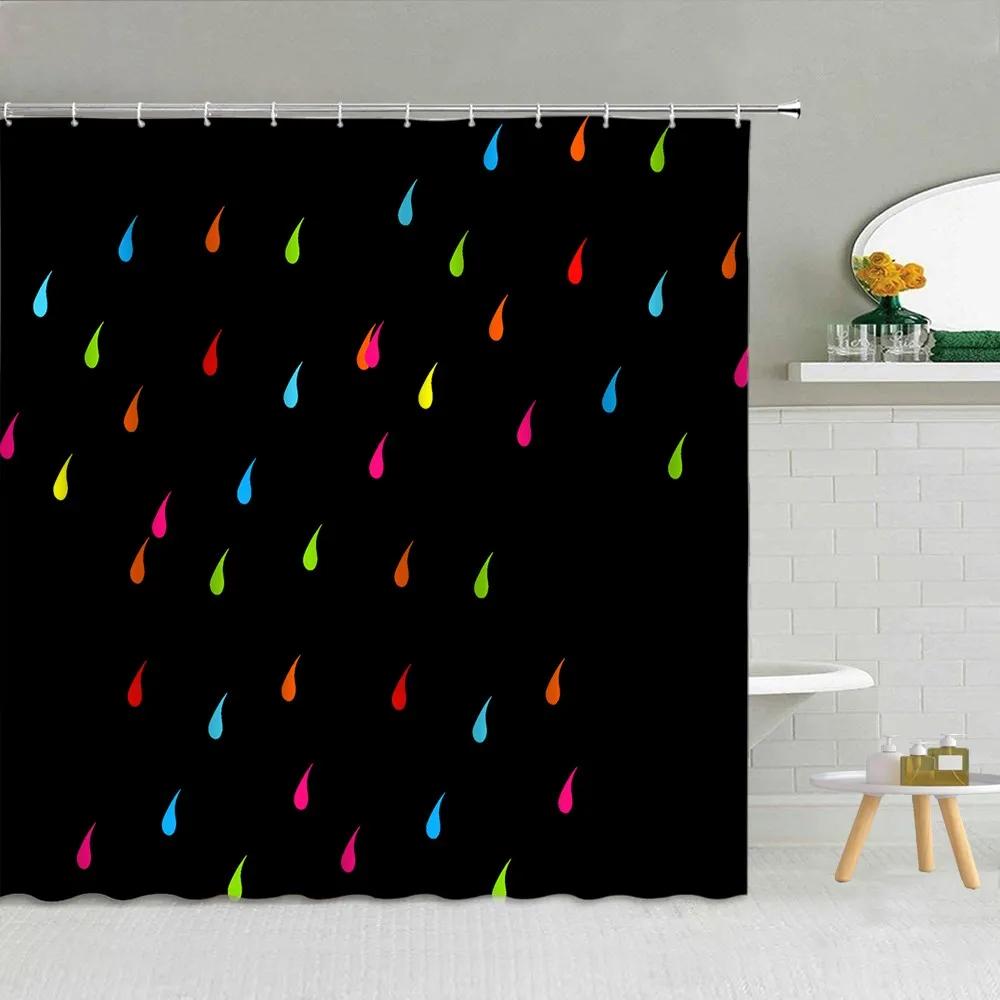 Cartoon Style Umbrella Printed Shower Curtain Colorful Rain Drops Boy Girl Bathroom Decor Waterproof Fabric Screen With Hooks
