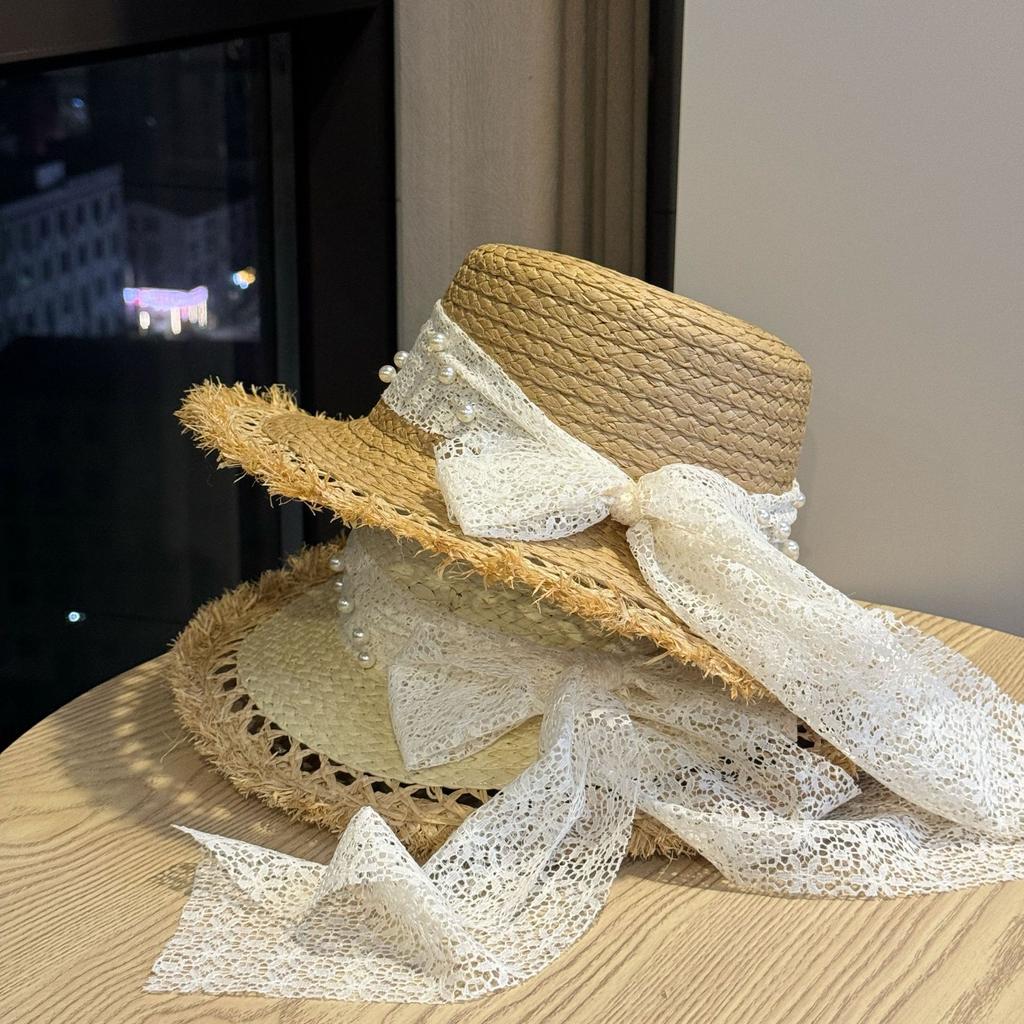 Elegant lace pearl bow summer seaside travel vacation photo show face small shade Lafite straw hat sun hat