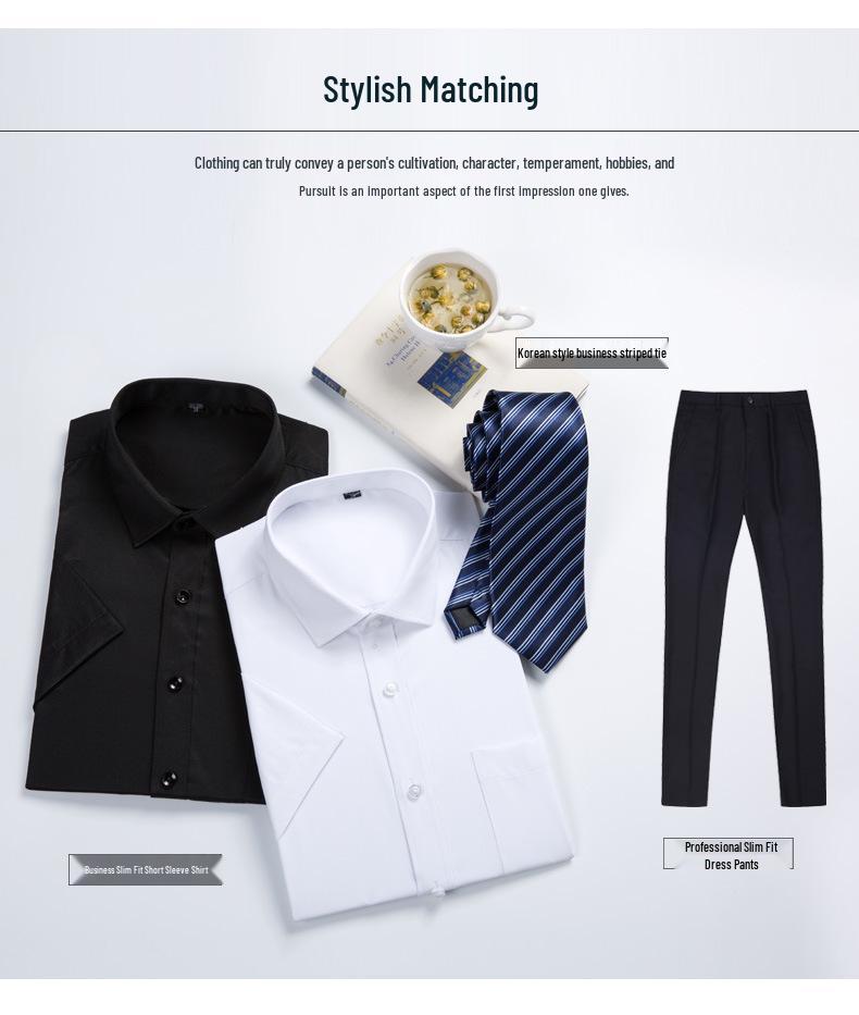 Men's Summer Slim Fit Korean Style Short-Sleeve Formal White Cotton Shirt