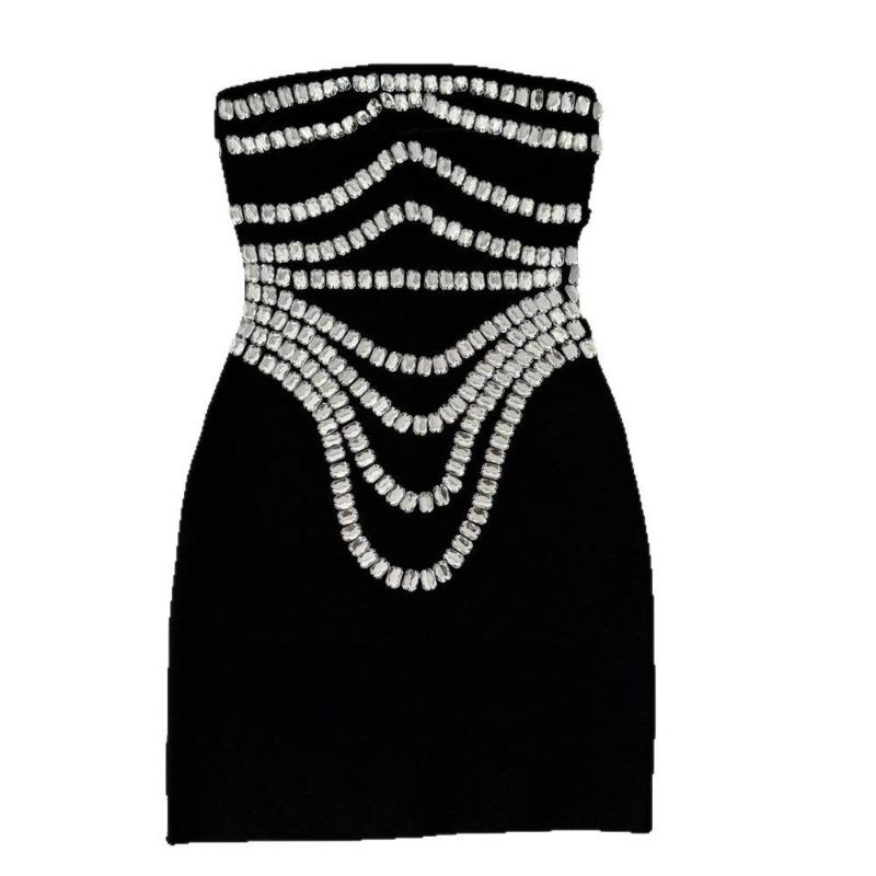 New Heavy Industry Party Dinner Bandage Dress Rhinestone Personality Bandeau Dress Sexy Tight Women's Cross