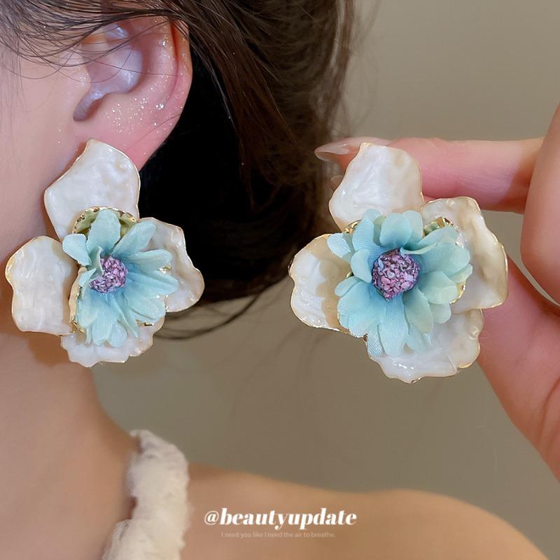Steel needle oil dripping fabric flower stud earrings small fresh sweet elegant temperament earrings summer seaside vacation style earrings