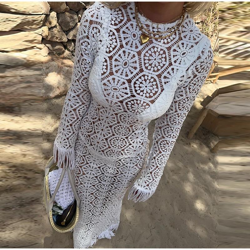 Sexy Tassel Hallow Out Midi Dress Women Solid Long Sleeve O-neck Holiday Slim Dresses Female 2024 Summer Fashion Crochet Robe