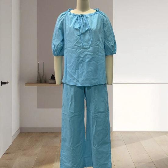 Summer Cotton Linen 2 Piece Outfits for Women Casual Short Sleeve Drawstring Crew Neck Top And Wide-Leg Pants Lounge Matching Set