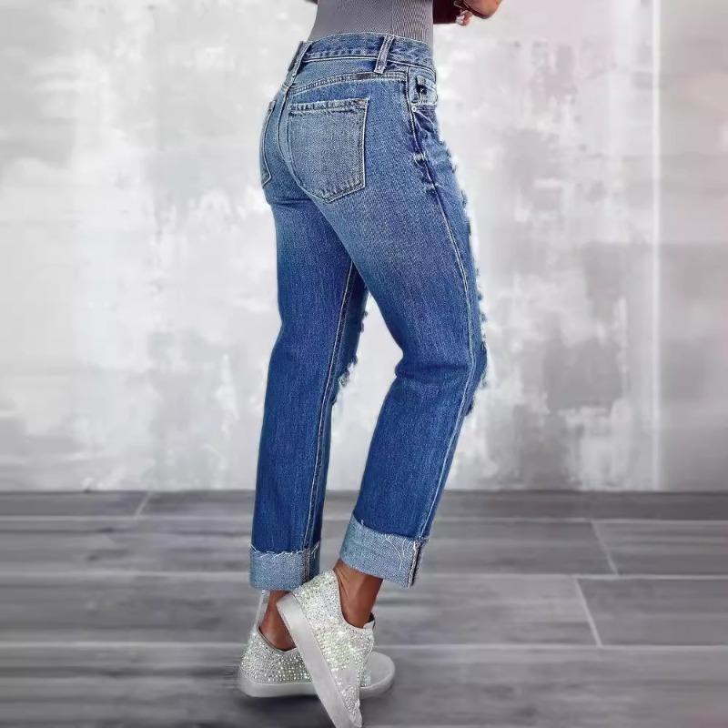New Women's Ripped Jeans Pocket Skinny Straight Pants Trousers