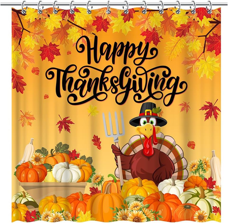 Happy Thanksgiving Day Shower Curtain Turkey Pumpkin Decorations For Autumn Fall Harvest Festival Give Thanks Thankful Fabric