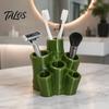 Modern Vanity Accessory Toothbrush Holder, Green Bamboo Shape, 6 Slot Storage Tongue Scraper Rack Organizer, for Bathroom Countertop Razors And Makeup
