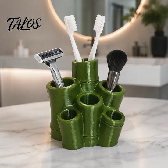 Modern Vanity Accessory Toothbrush Holder, Green Bamboo Shape, 6 Slot Storage Tongue Scraper Rack Organizer, for Bathroom Countertop Razors And Makeup