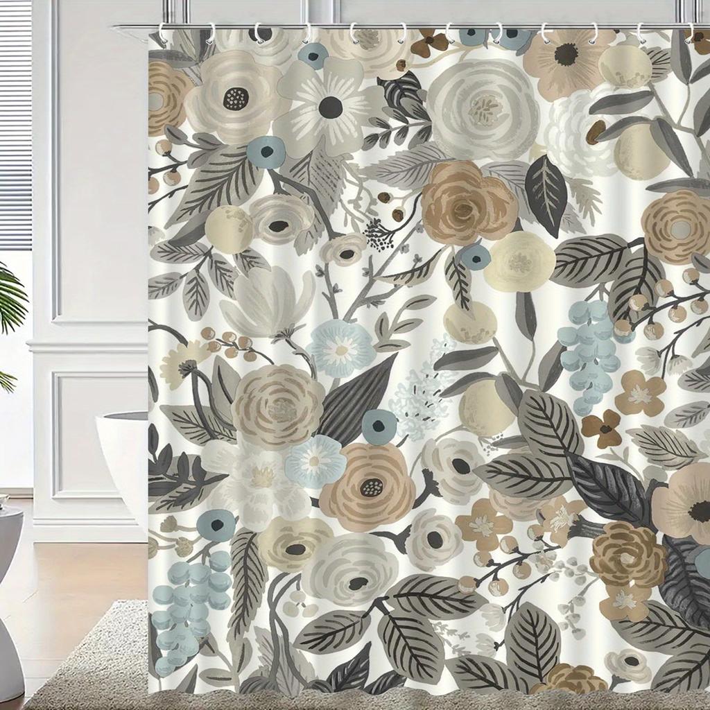 1pc Floral leaf pattern shower curtain, polyester fabric, machine washable, with hooks, suitable for bathroom décor.