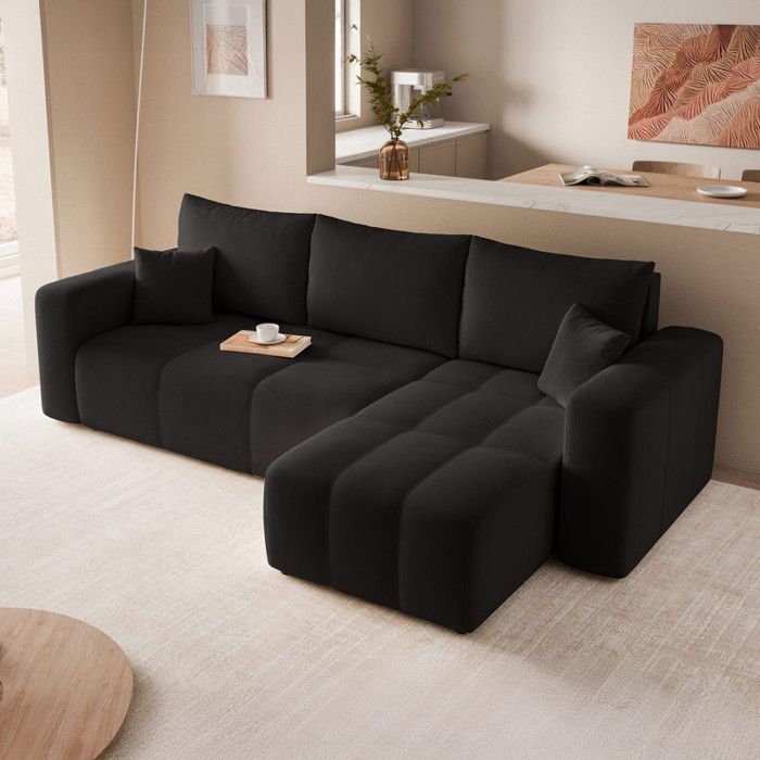 PEDRO Reversible corner sofa - 4 places - Convertible sofa with box - Velvet fabric - Anthracite
