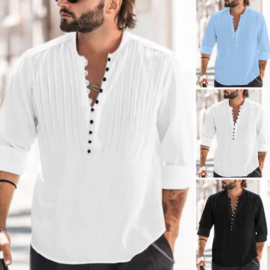 

Мужской летний топ, однобортный сплошной цвет, пуговицы с длинными рукавами, воротник-стойка, повседневная одежда, повседневная быстросохнущая мужская рубашка средней длины, мужская одежда