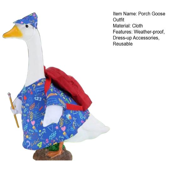 4Pcs/Set Back To School Porch Goose Outfits Outdoor Garden Lawn Yard Goose Statue Printed Dress Red Hat Backpack Pencil Dress-up Clothing