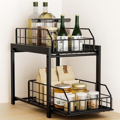 LENSKINS Kitchen Storage, Under-Sink Storage, Sliding Rack, 2 Tiers with Drawers, Large Capacity, Slim, Stylish, Stable, Holds Up To 10kg (Black)
