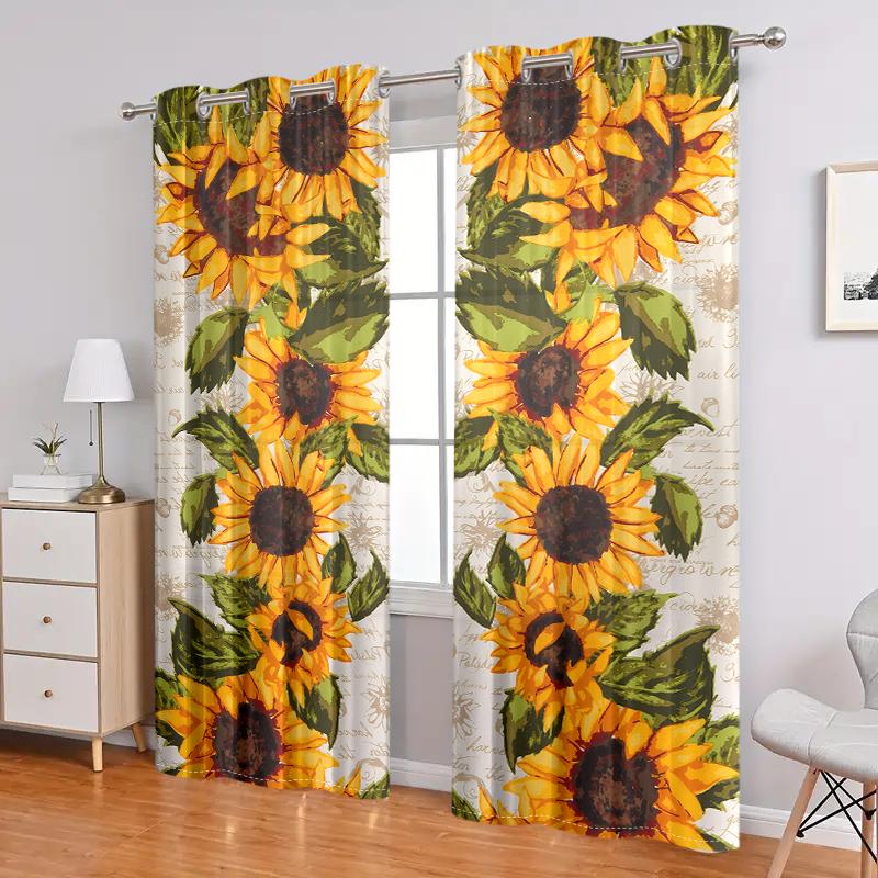 2 Pieces, Vibrant Countryside Sunflower Curtains - Semi Transparent - Suitable for Living Room, Bedroom, Office Home Decoration.