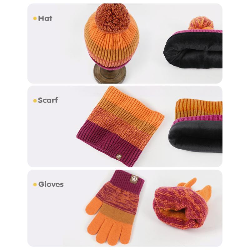Children's Scarf, Hat, and Gloves Set: Warm Wool Blend with Color Block Design and Pom-Pom Details.
